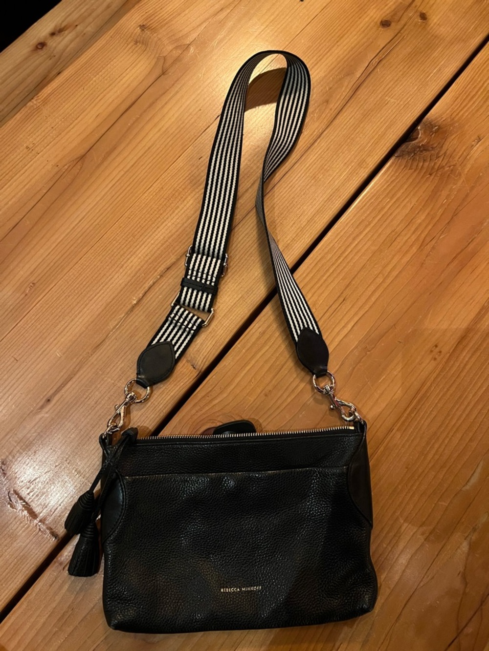 Rebecca Minkoff Black Pebbled Leather Crossbody with Stripe Strap